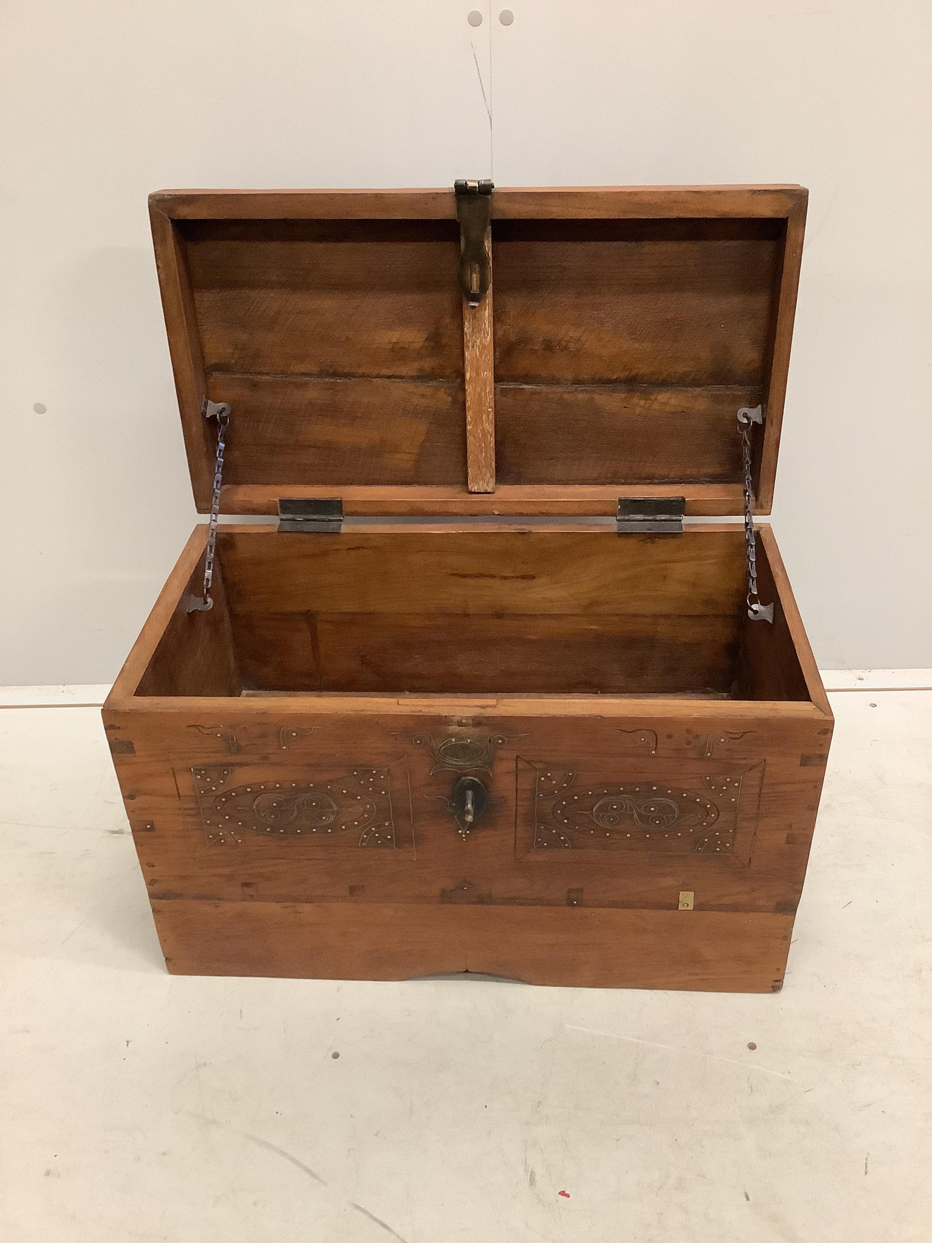 A small Indian brass mounted hardwood trunk, width 68cm, depth 36cm, height 43cm. Condition - fair to good.